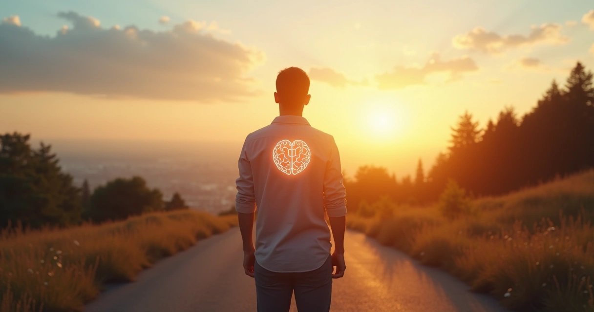 Persona en un cruce de caminos con doble exposición mente y corazón alineados 