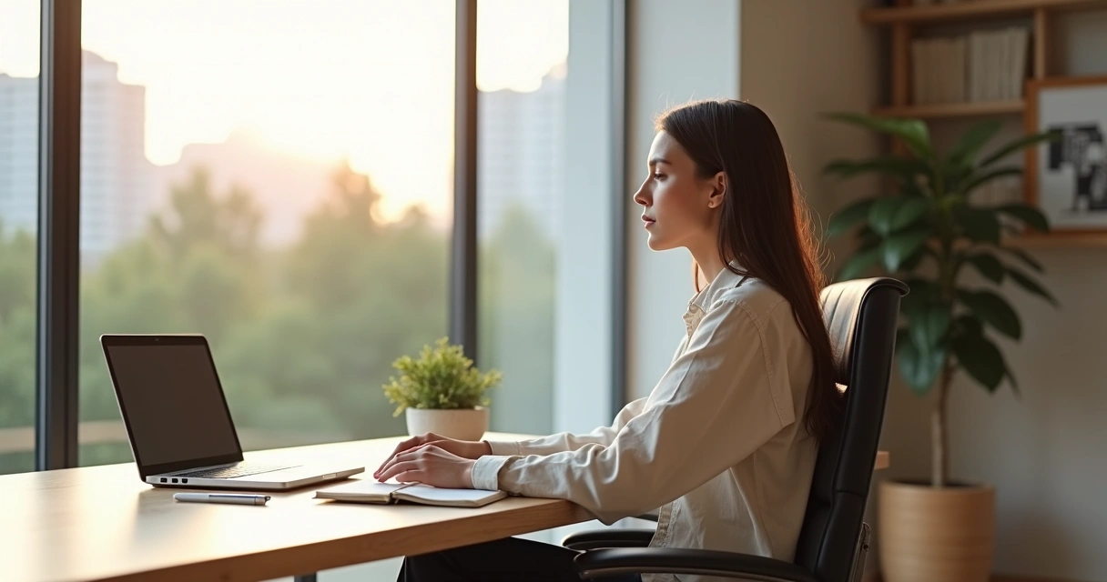 Persona reflexionando tranquila frente a una ventana luminosa en la oficina 