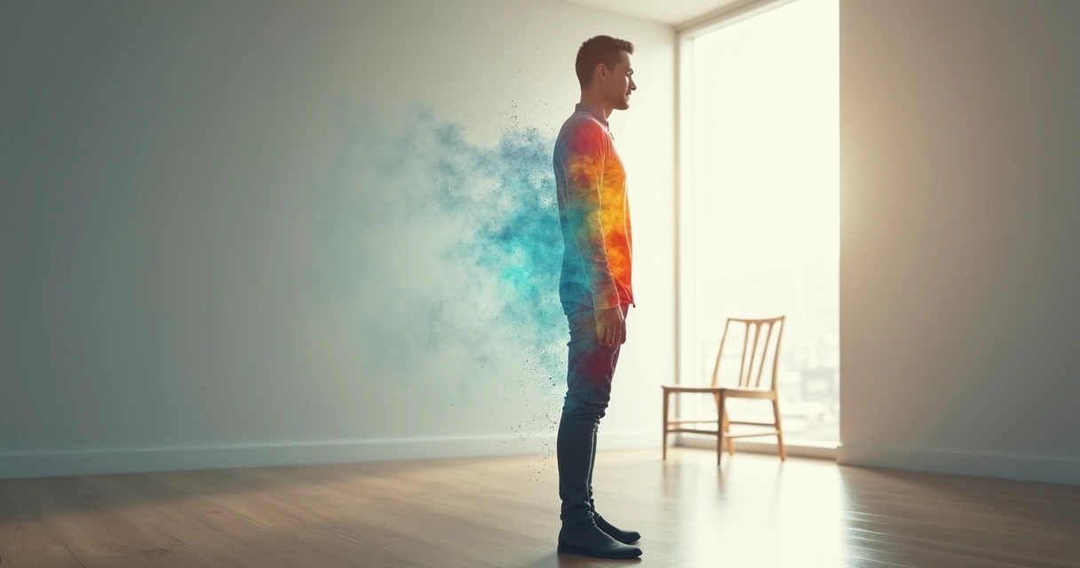 Persona con figura interior luminosa rodeada de capas de colores que representan emociones ocultas 