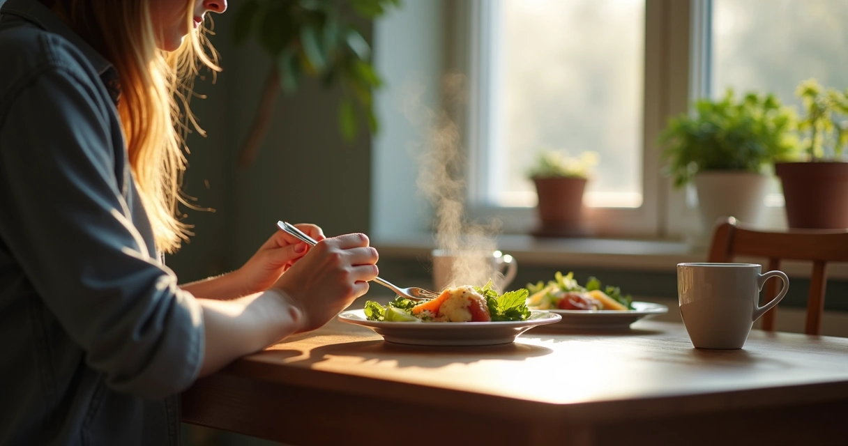Persona sentada comiendo con atención y sin distracciones 