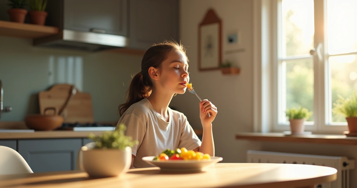 Persona joven comiendo conscientemente, sentado a la mesa 