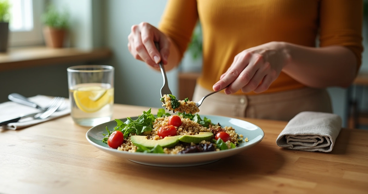Persona comiendo de forma consciente ante un plato saludable 