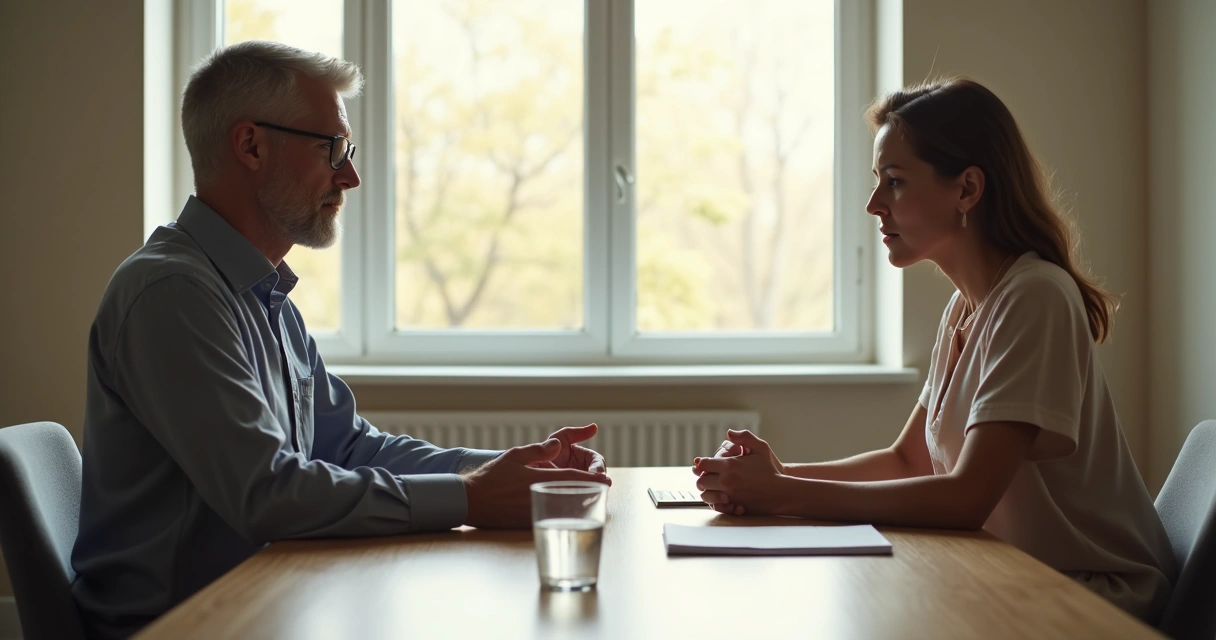 Persona hablando con calma y empatía al comunicar una mala noticia en un entorno tranquilo 