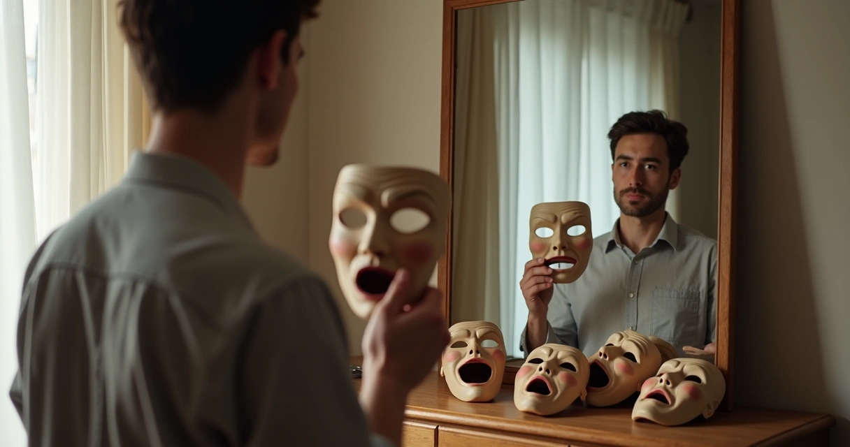 Persona quitándose una máscara social frente a un espejo 