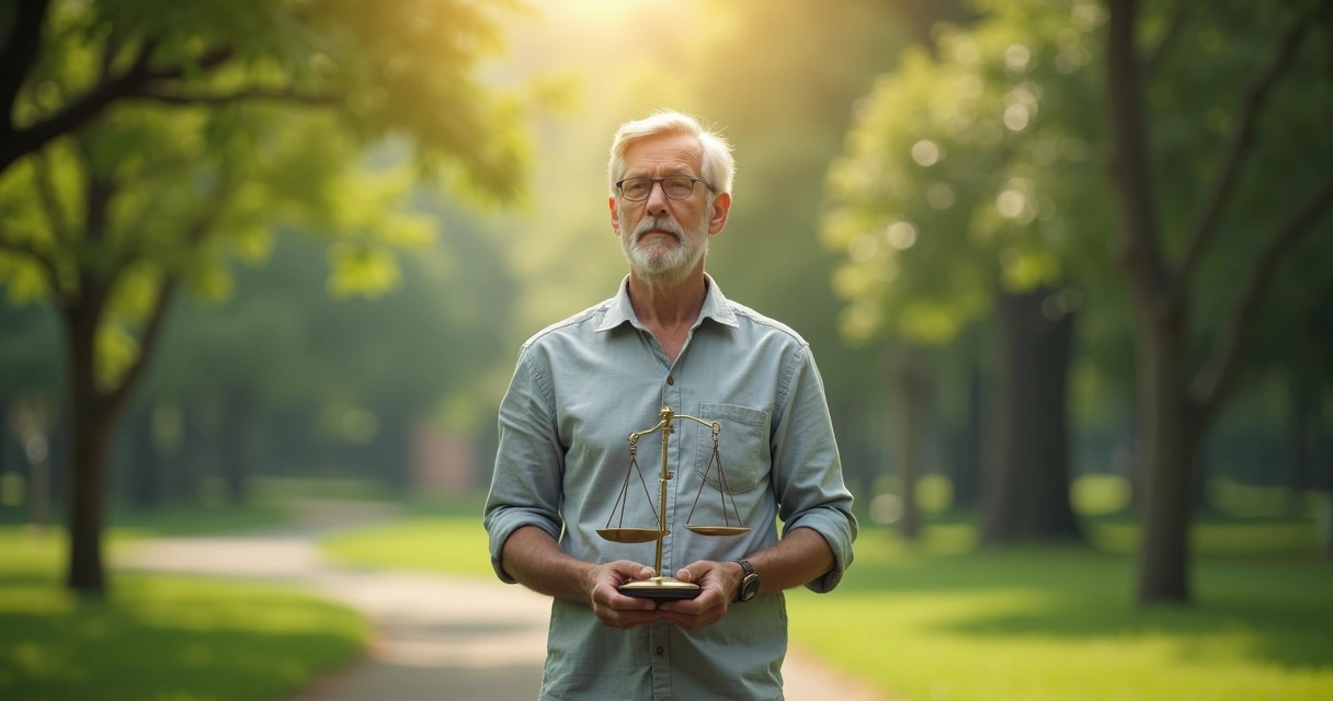 Persona en actitud reflexiva sosteniendo una balanza ética en ambiente natural y sereno