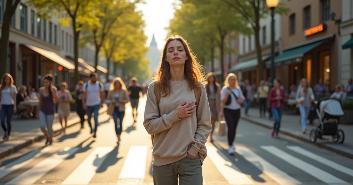 Persona haciendo una pausa consciente en una calle urbana concurrida 