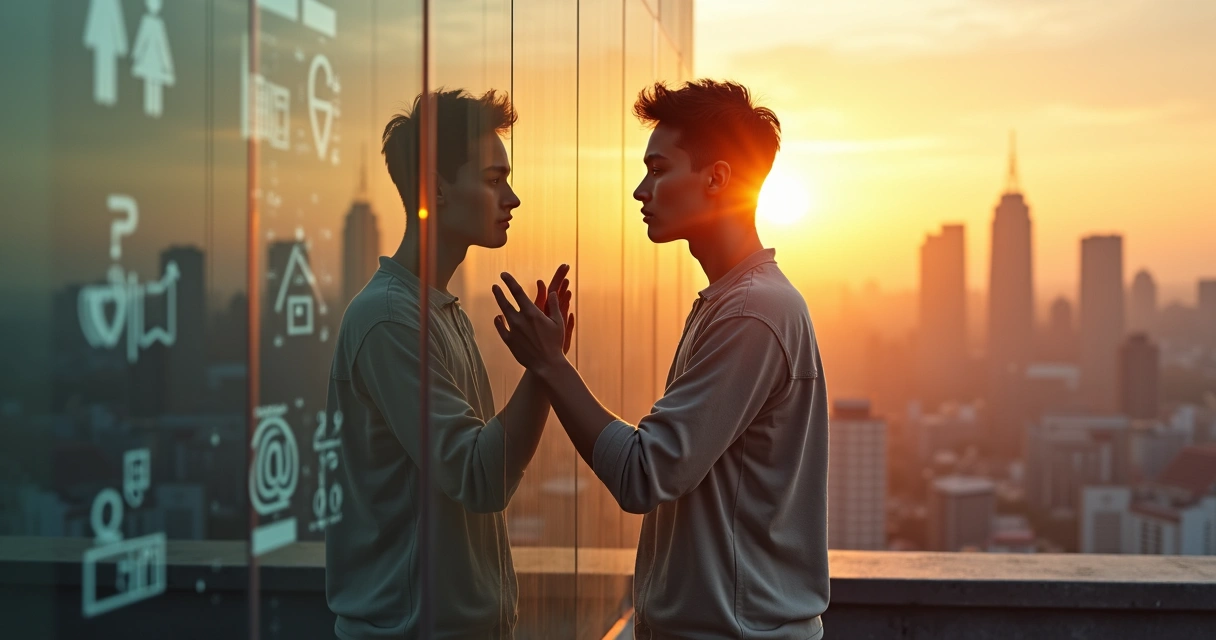Persona observando su reflejo rodeada de símbolos culturales diversos 