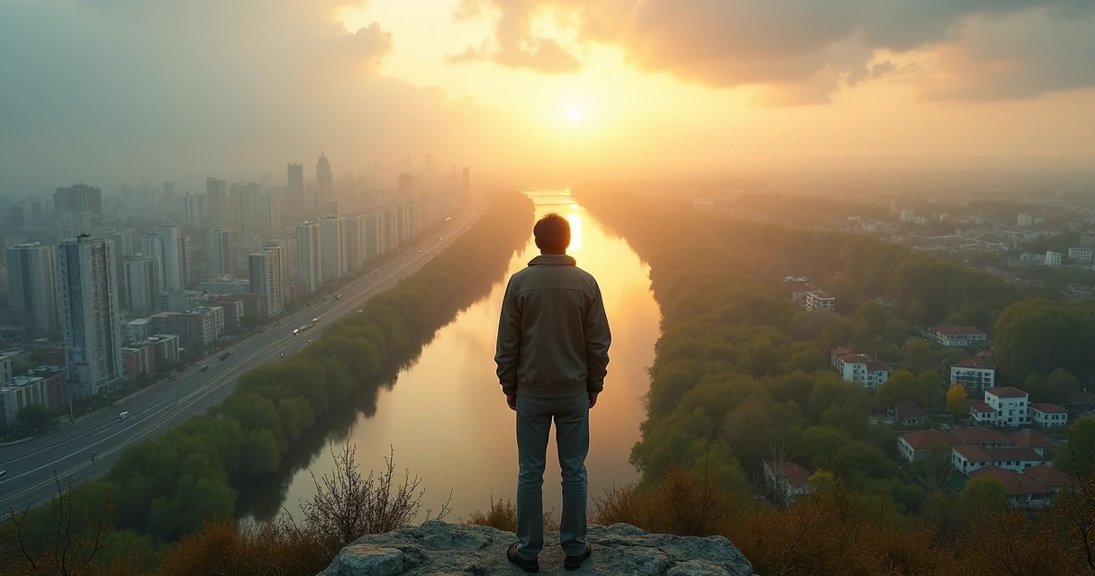 Persona observando un paisaje dividido entre caos y armonía 