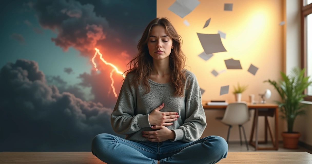 Persona con mirada serena sosteniendo una tormenta de emociones dividida en dos mitades 