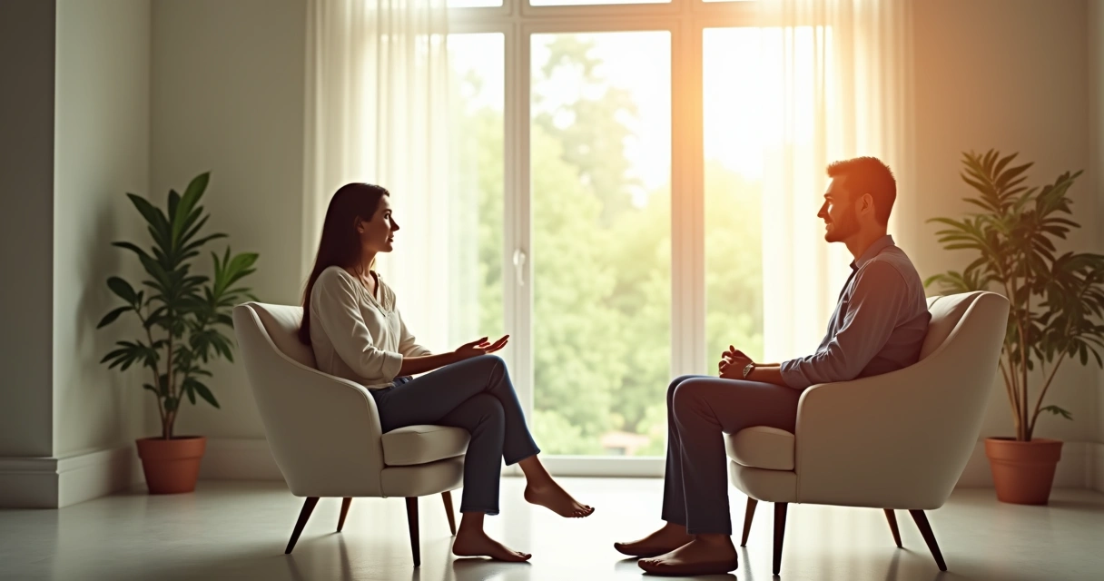 Dos personas sentadas frente a frente en sillas, hablando en un entorno luminoso y tranquilo 