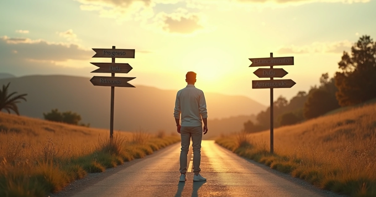 Persona en un cruce de caminos observando diferentes rutas de cambio 