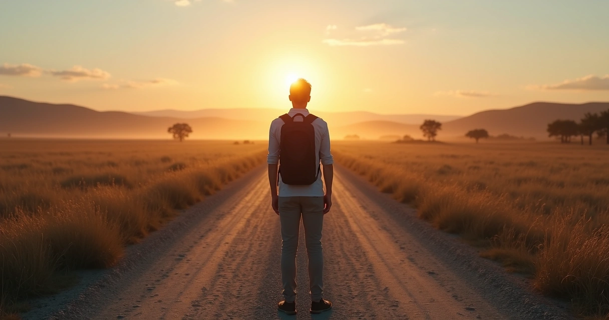 Persona sola en un cruce de caminos al amanecer, dudando sobre qué camino tomar 