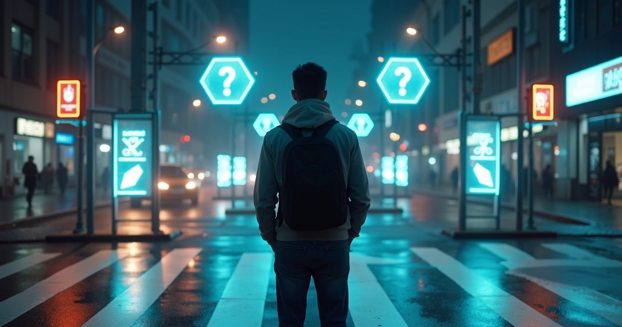 Persona en cruce de caminos con señales luminosas en una ciudad nocturna 