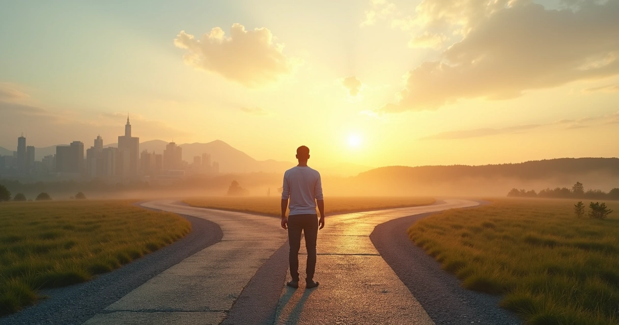 Persona de pie en un cruce de caminos eligiendo prioridades con calma y claridad 