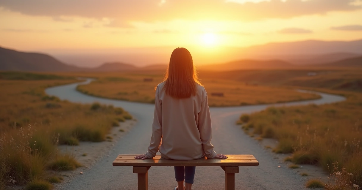 Persona sentada frente a un cruce de caminos reflexionando al atardecer 