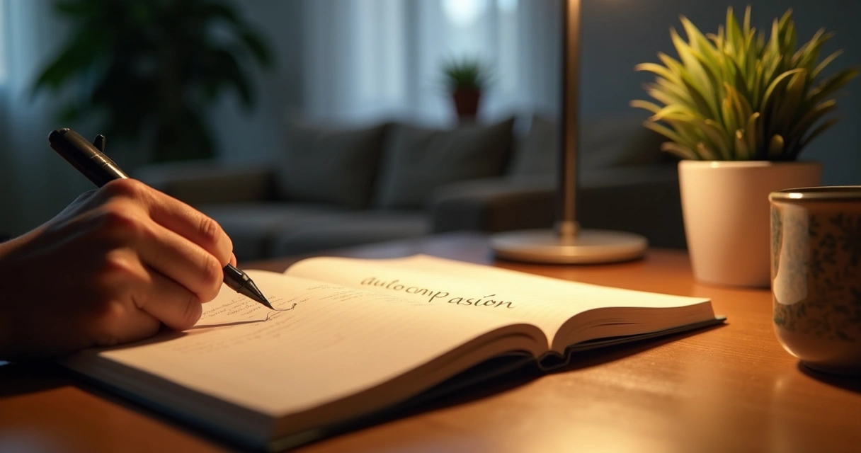 Persona escribe en un cuaderno sobre autocompasión en una mesa con luz suave 