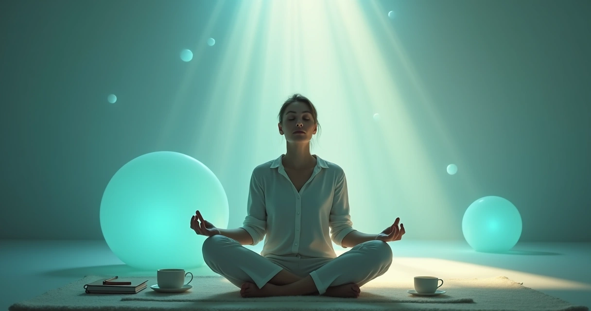 Persona sentada con ojos cerrados, rodeada de elementos calmantes