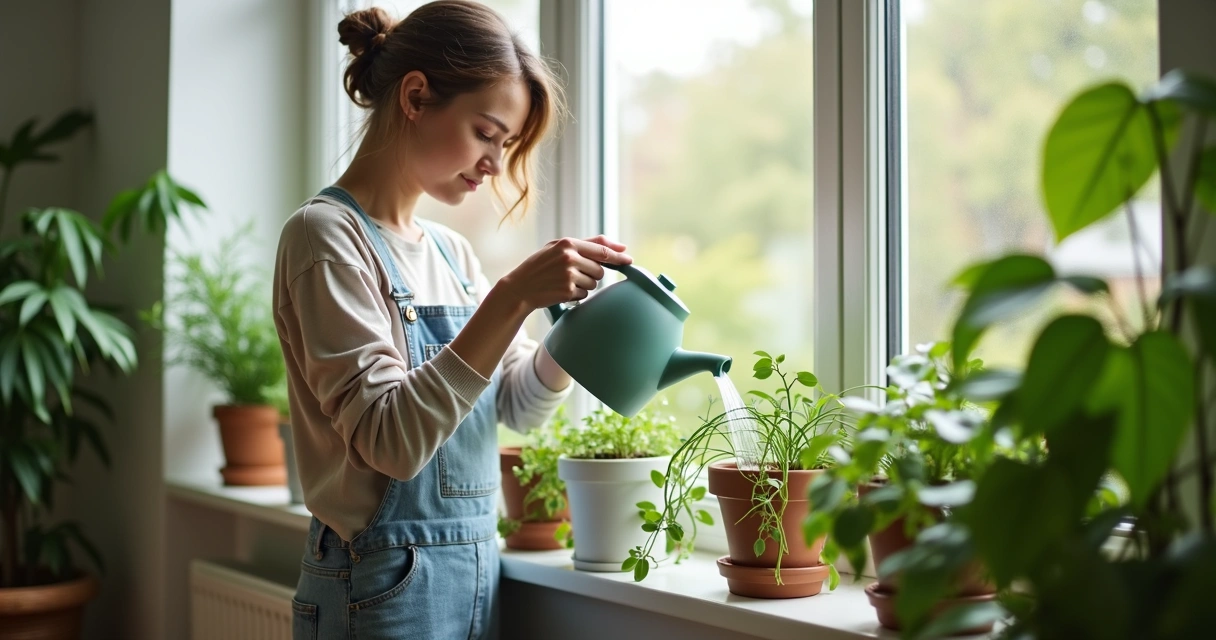 Persona cuidando plantas en el interior de su hogar