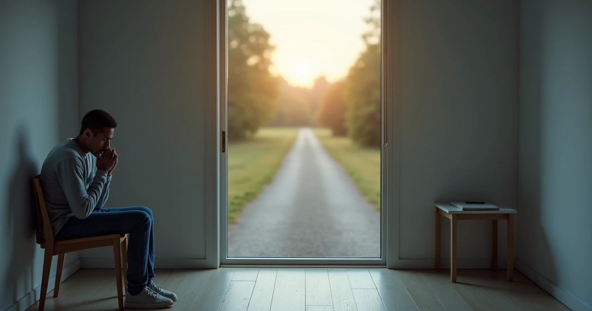 Persona sentada frente a una encrucijada con gesto de culpa y duda 