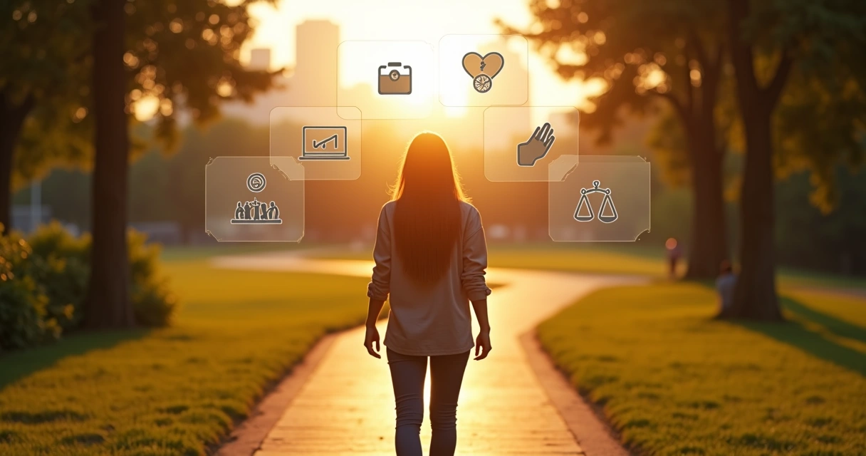 Persona reflexionando frente a dos caminos con iconos de dinero y valores humanos 