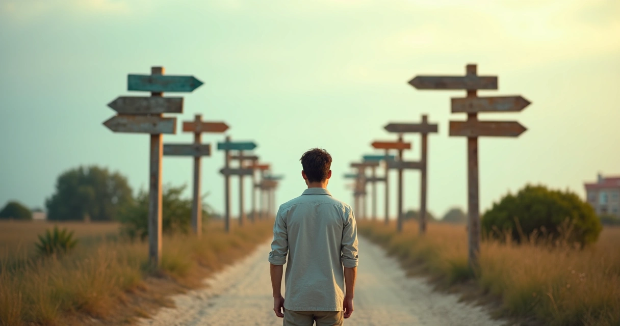 Persona pensativa de pie ante un cruce de caminos con varias señales contradictorias 