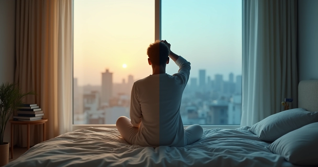 Persona pensativa dividida entre calma interior y caos mental 