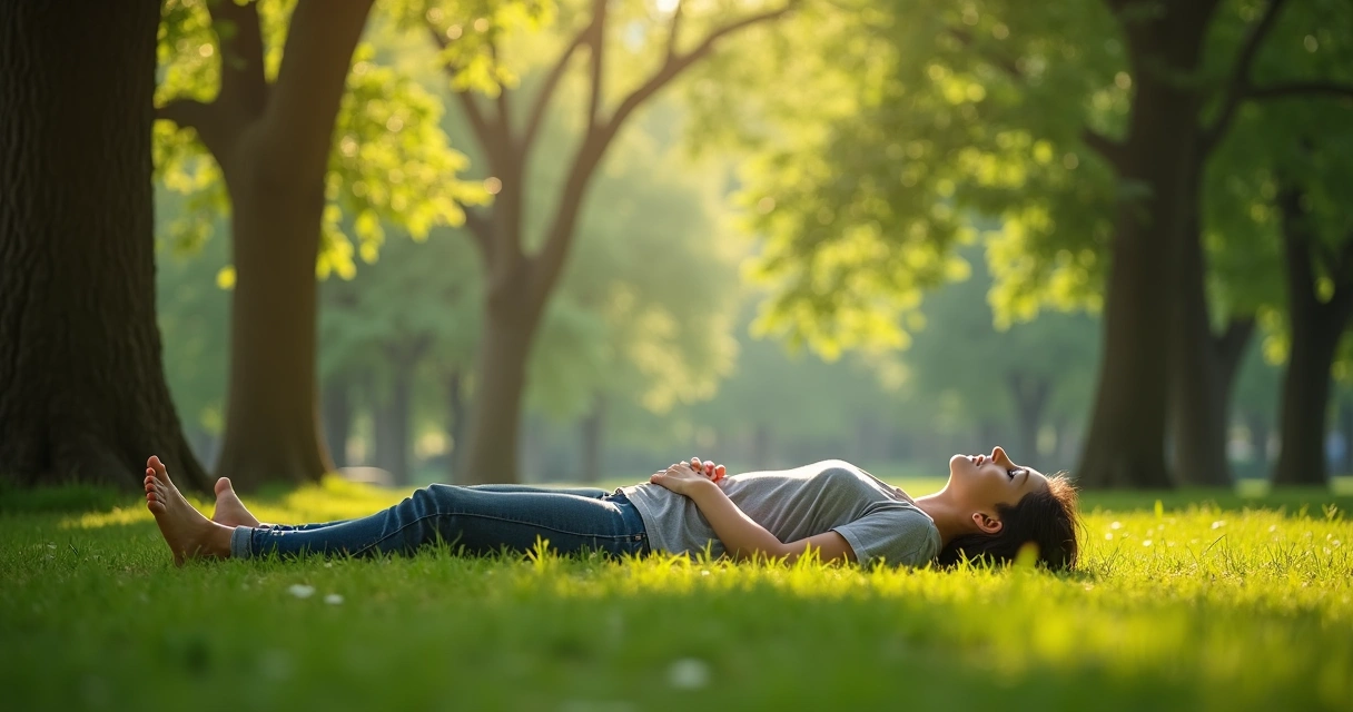 Persona descansando de espaldas en la naturaleza, rodeada de árboles y luz suave.