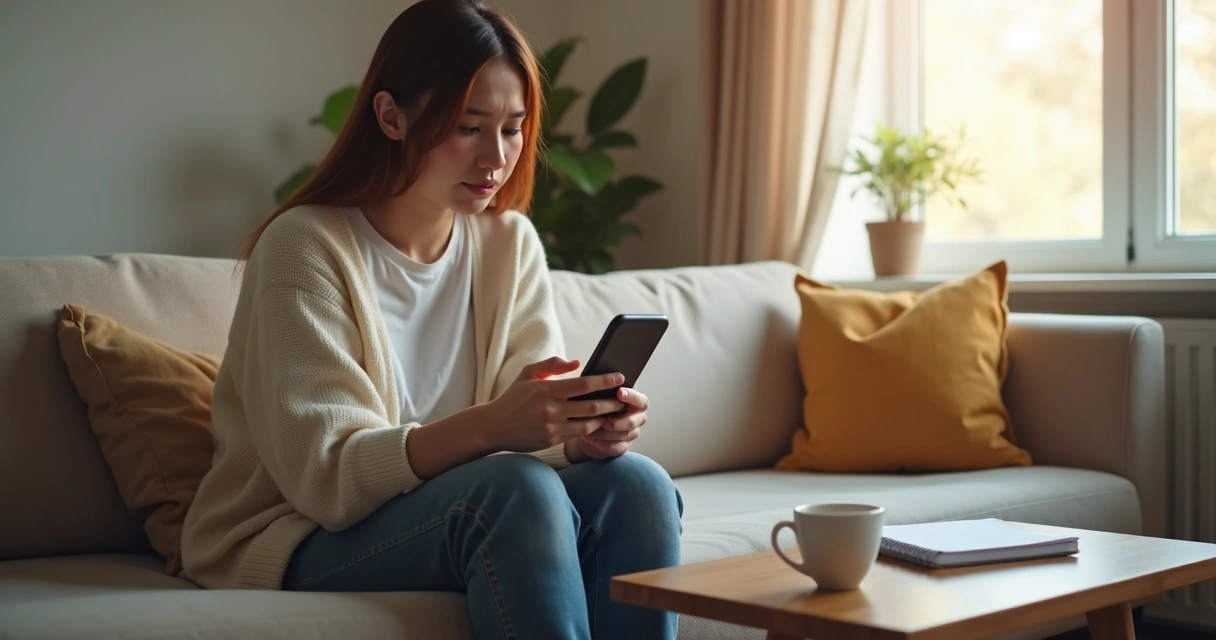 Persona en casa dejando el teléfono a un lado y respirando en calma 