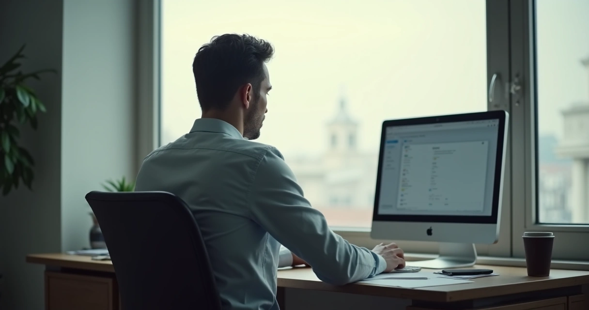 Persona sentada en una oficina mirando hacia la ventana, con expresión distante.