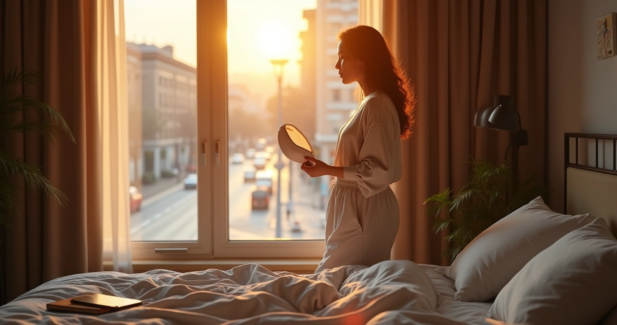 Persona frente a ventana al amanecer soltando máscara en su mano 