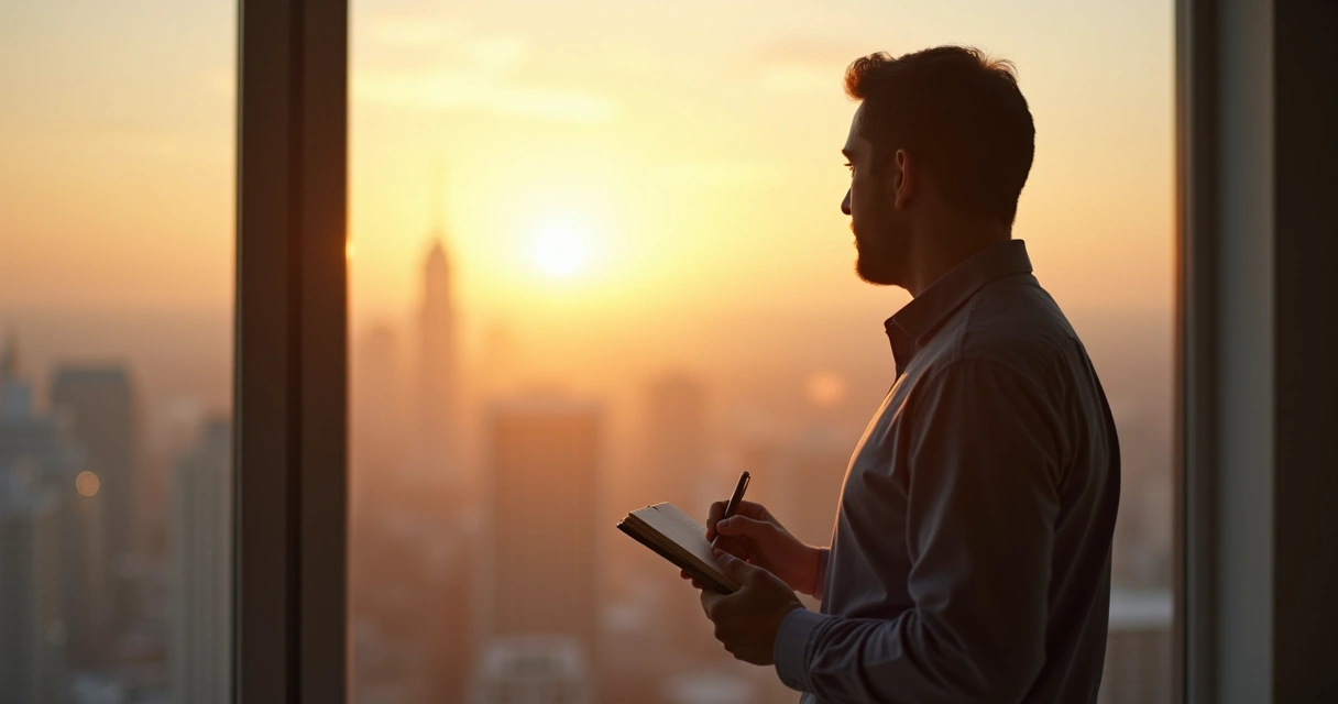 Persona de pie frente a ventana al amanecer con luz sobre su cabeza 