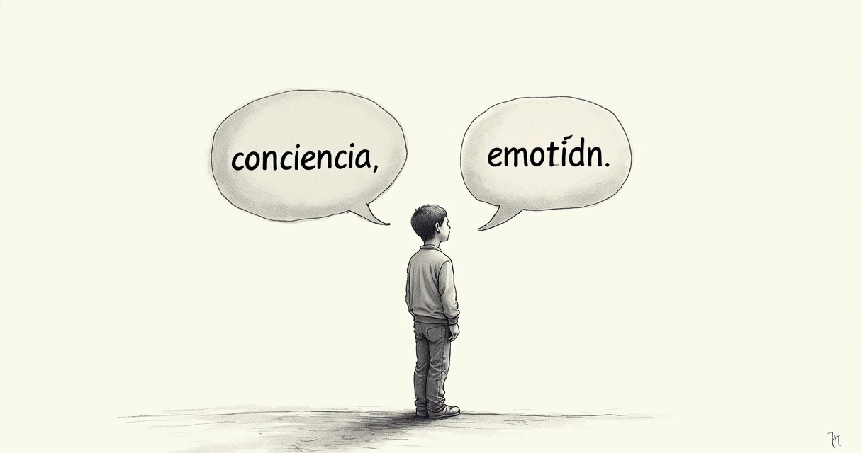 Persona dibujada en tonos neutros conversando, con globos de diálogo que muestran palabras como conciencia, emoción y sentido. 