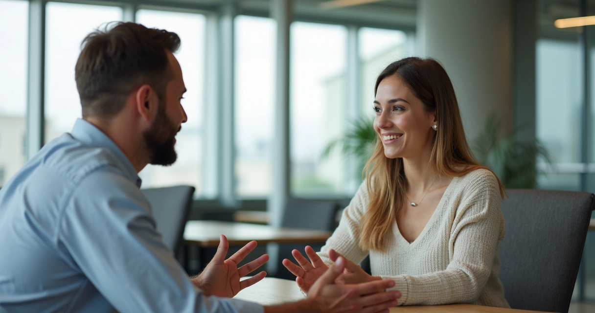 Dos personas hablando tranquilamente en una oficina, una de ellas gesticula serenamente