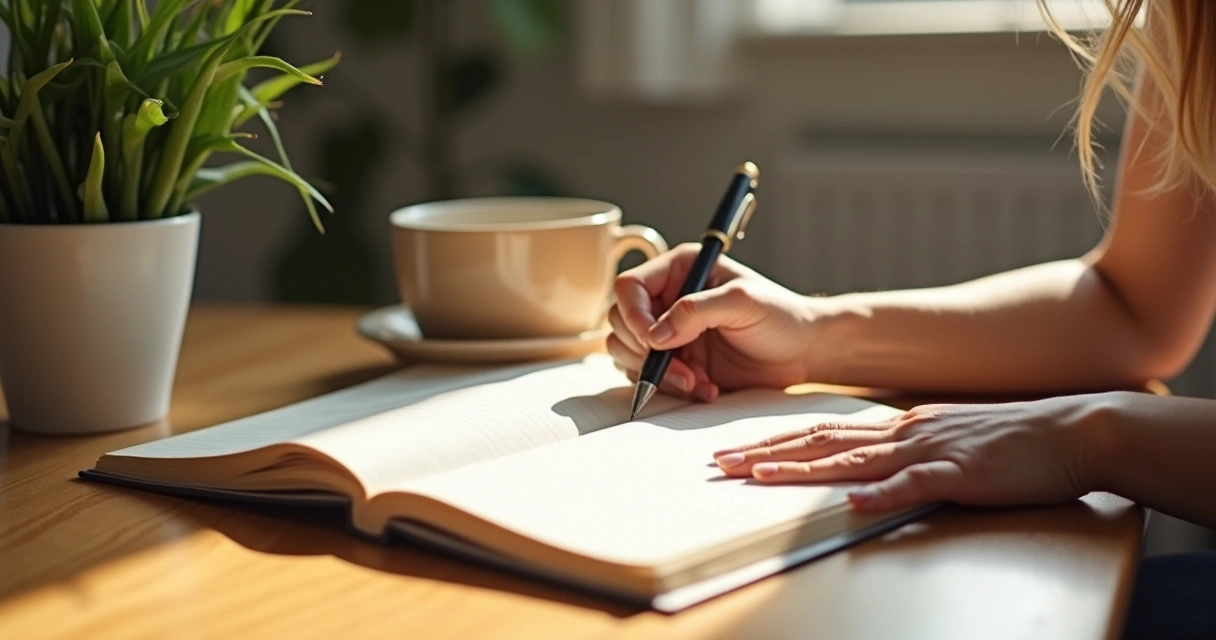 Mano escribiendo en un diario sobre una mesa limpia con una taza al lado