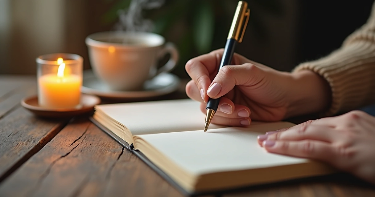 Mano escribiendo en un diario junto a una taza de té y una vela encendida 