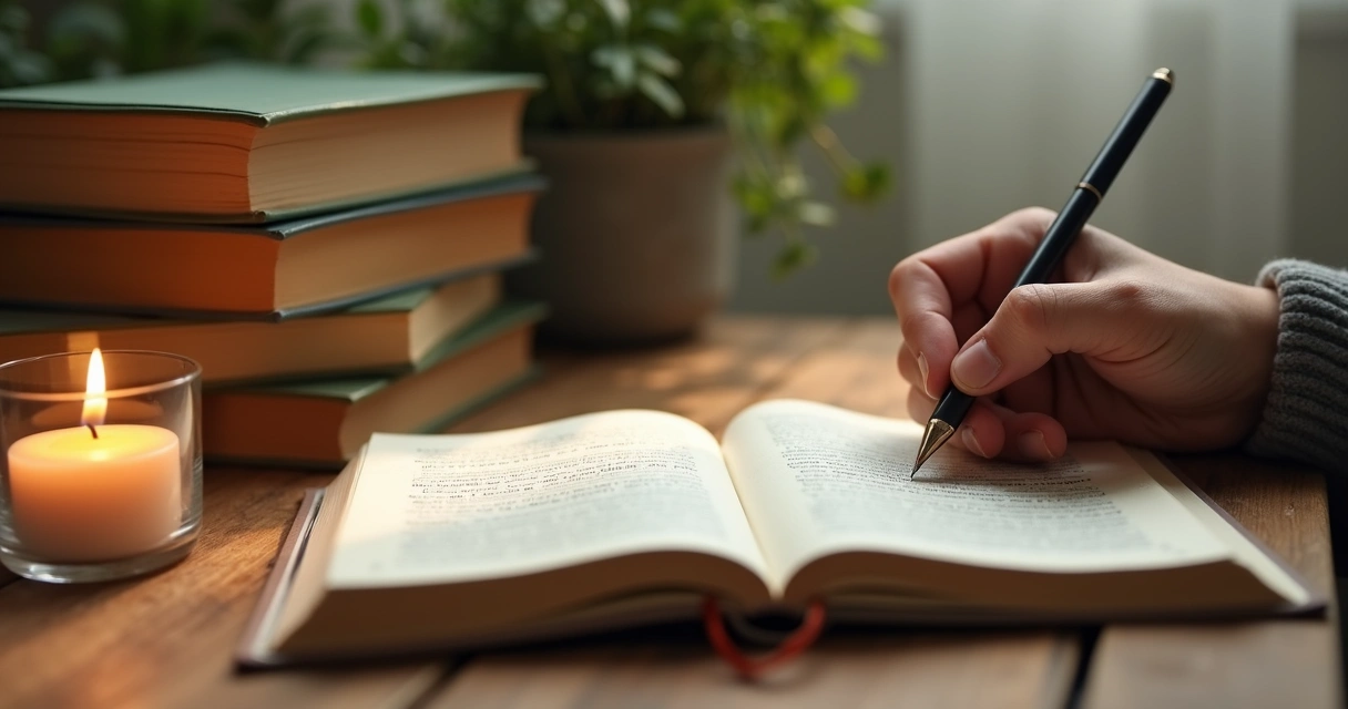 Persona escribiendo en un diario junto a una vela y con libros de fondo 