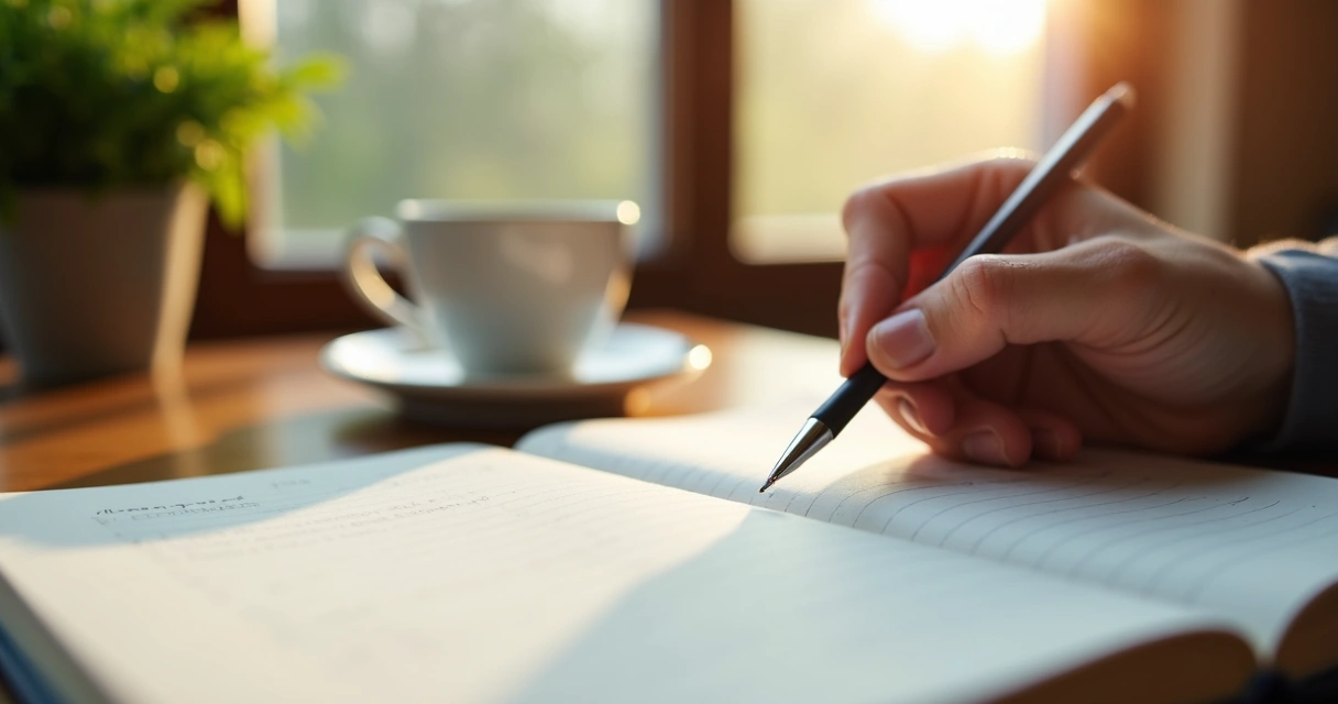 Mano escribiendo respuestas en un diario de autoindagación 