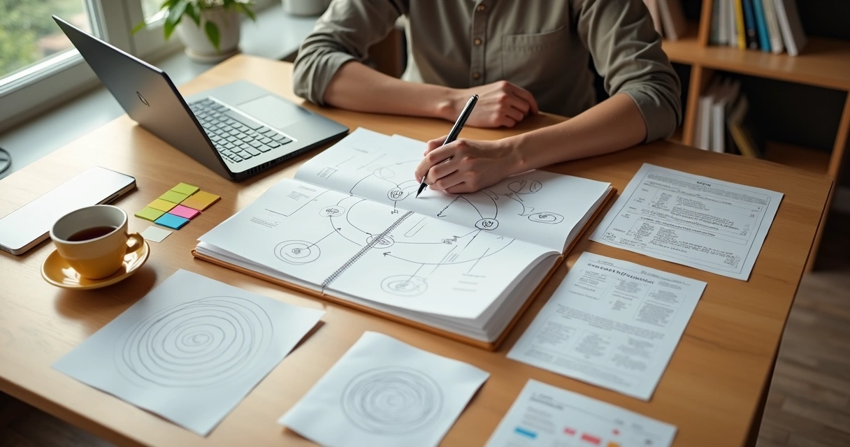 Persona diseña en una mesa un mapa de su camino de transformación personal 