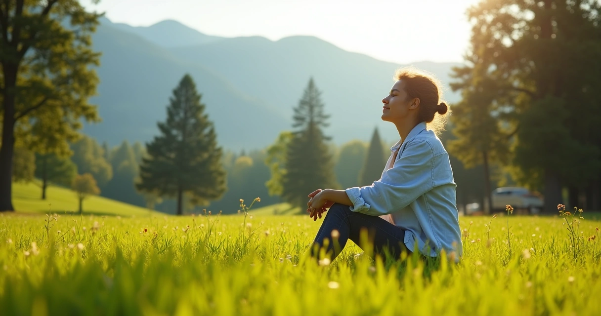 Persona sentada en meditación al aire libre en un campo verde