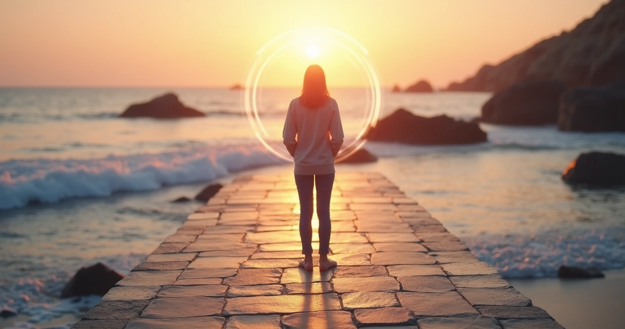 Persona de espaldas frente al mar al atardecer simbolizando duelo y conciencia 