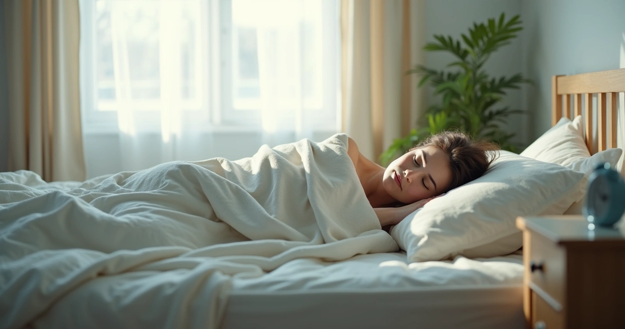 Persona durmiendo plácidamente en su cama junto a una ventana con cortinas claras 