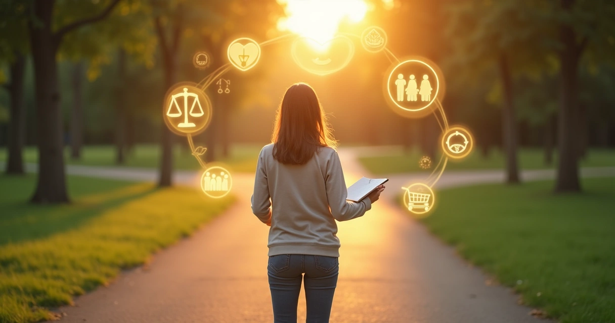 Persona dudando entre dos caminos que representan valores y acciones diarias 