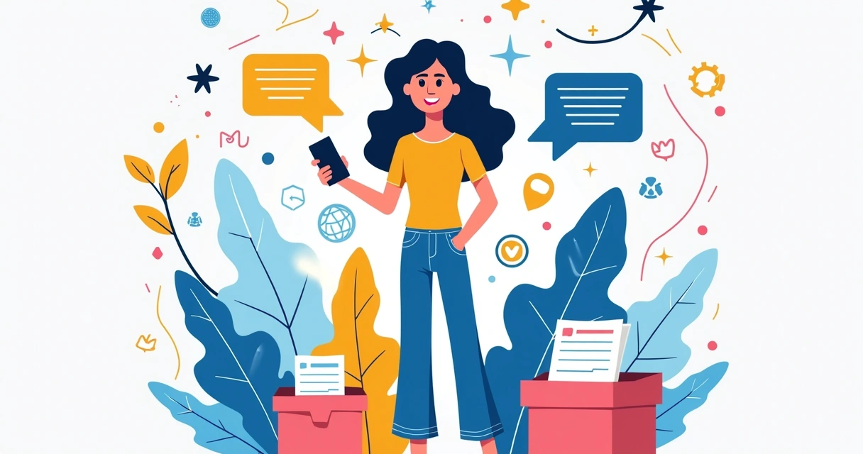 Ilustração de persona de eleitor jovem mulher com símbolos de tecnologia e engajamento político 
