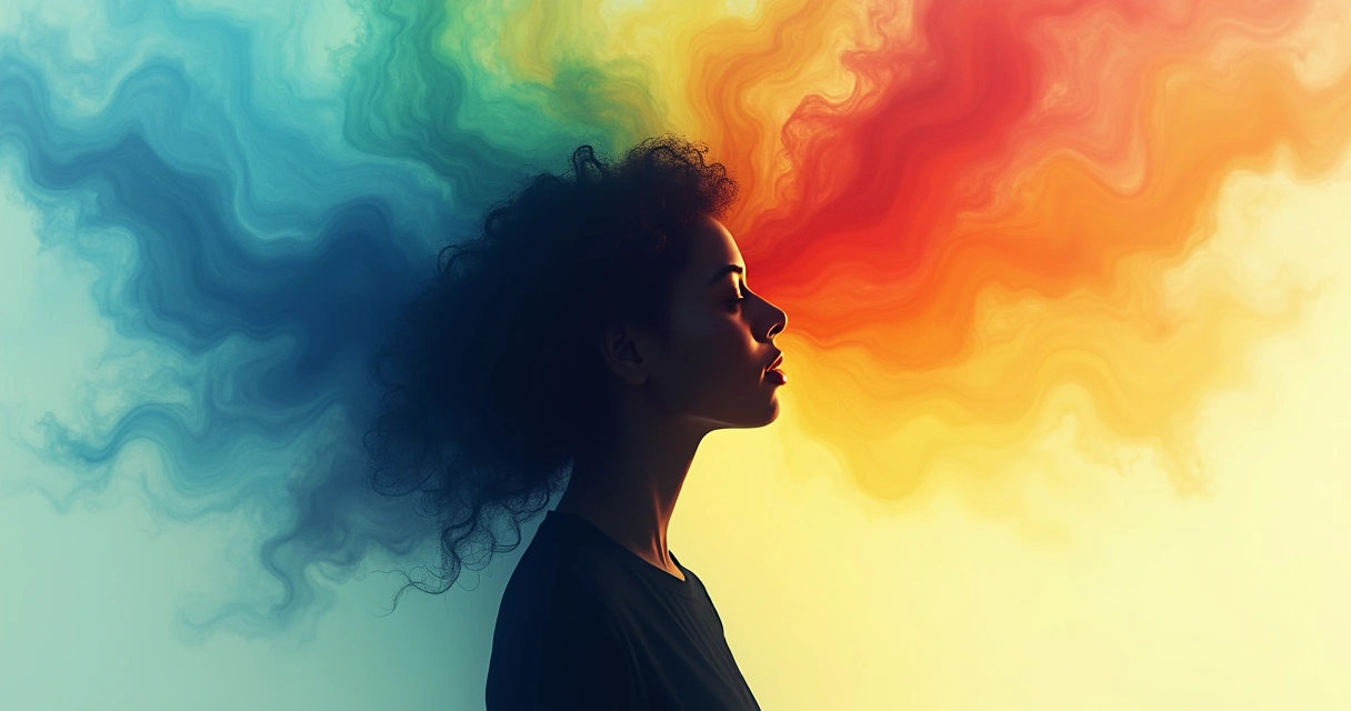 Silueta de persona rodeada de colores que representan emociones