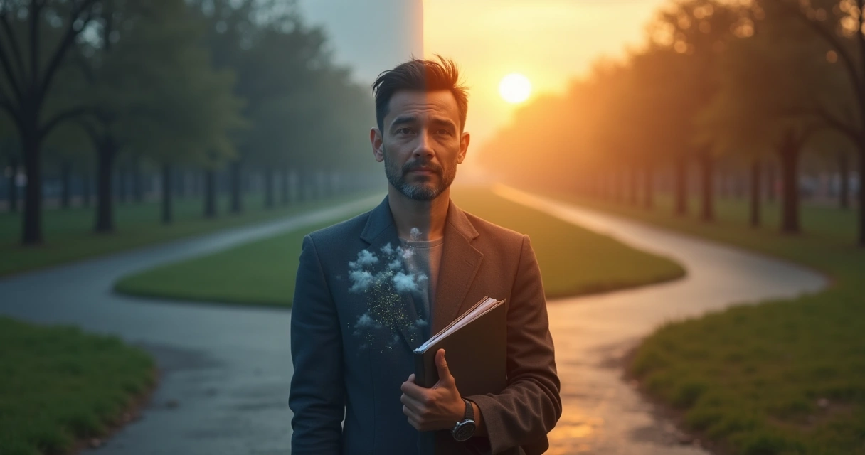 Persona dividida entre emociones reprimidas y decisiones racionales frente a dos caminos 