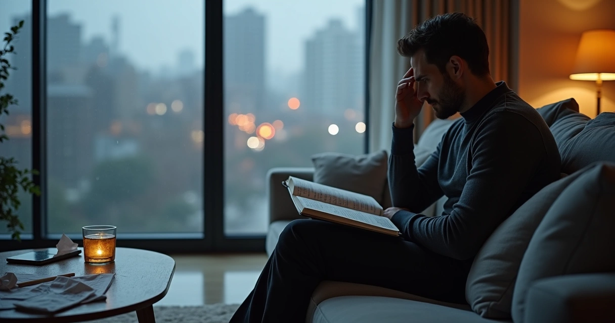 Persona sentada pensativa frente a una ventana en un entorno urbano gris 