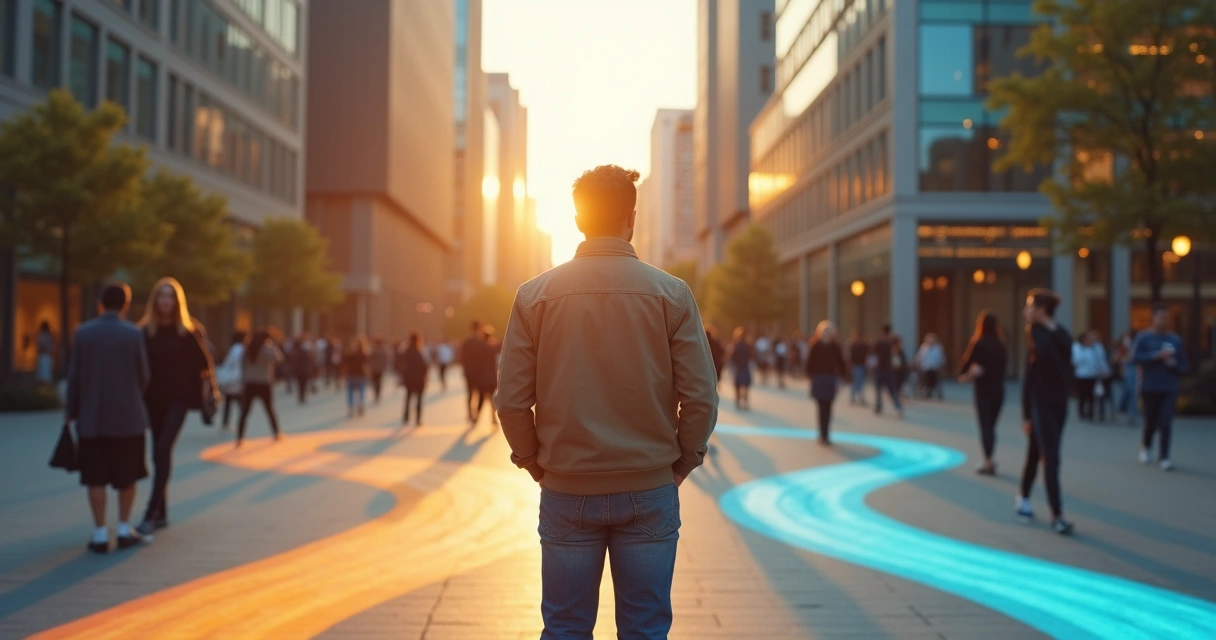 Persona de pie en una encrucijada interior entre autenticidad y adaptación social 