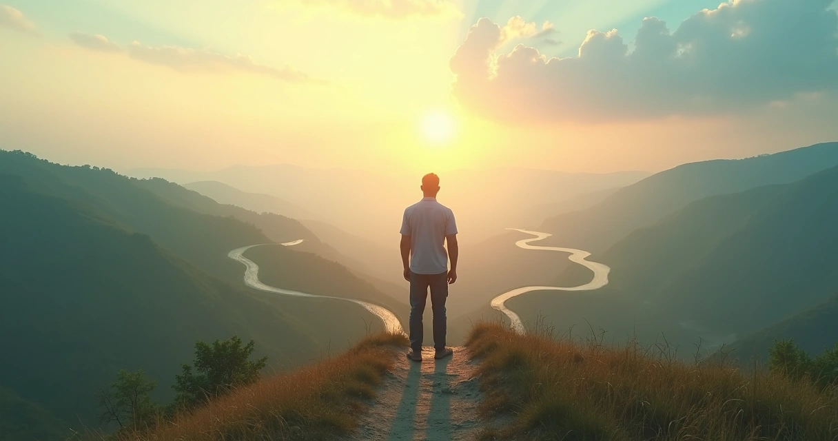 Persona pensando en una encrucijada de caminos luminosa y tranquila 