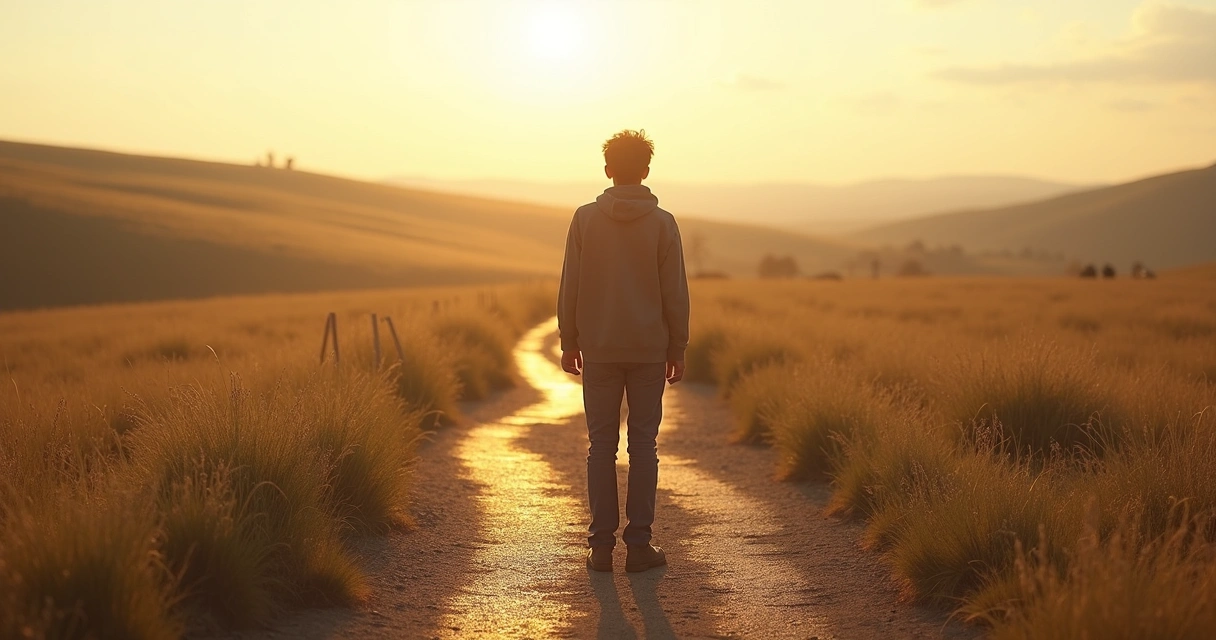 Persona en una encrucijada eligiendo con calma entre varios caminos 