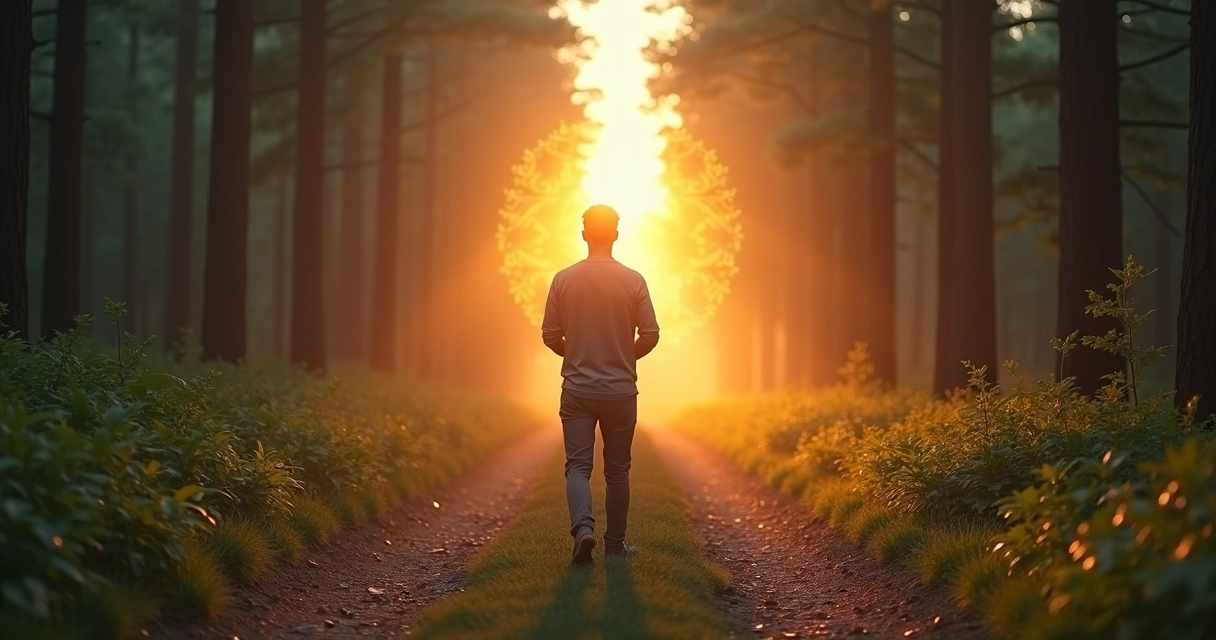 Persona pensativa frente a un camino que se divide en dos con un paisaje sereno 